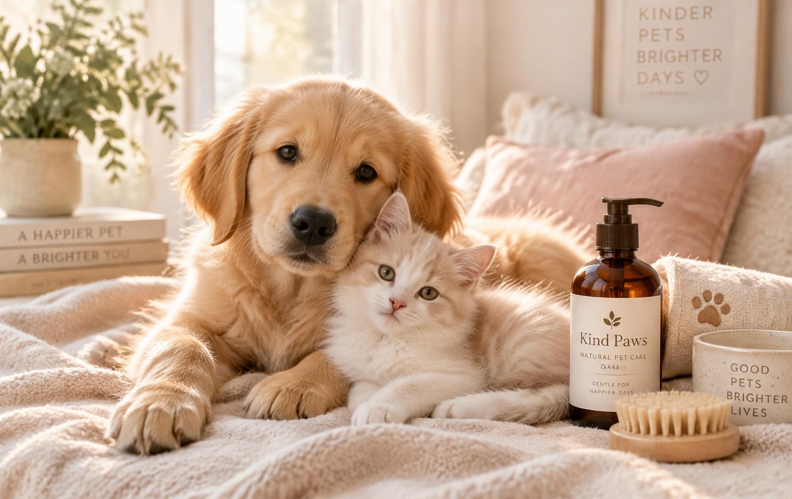 A puppy and kitten cuddling on a soft blanket